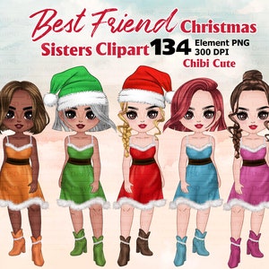 Natale Migliori amici chibi Babbo Natale clipart, Besties clipart, Xmas fashion girl clipart, Soul Sisters, clipart personalizzabile PNG.