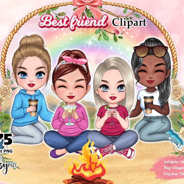 Beste Freunde sitzen Chibi niedlich Clipart, Afro Girls Clipart, Soul Sisters Clipart, Mode Mädchen, Freundschaft Clipart, anpassbare Clipart.