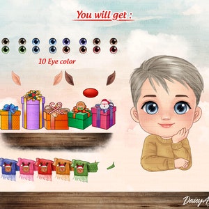 May include: A digital illustration of a cute cartoon boy with blonde hair wearing a brown sweater. The boy is looking to the side and has his hand on his chin. The image includes a row of 10 different colored eyes, a row of gift boxes, and a row of colorful scarves. The text "You will get: 10 Eye color" is included in the image.
