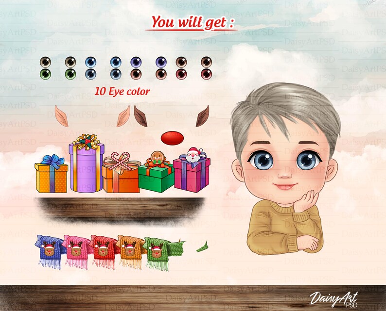 May include: A digital illustration of a cute cartoon boy with blonde hair wearing a brown sweater. The boy is looking to the side and has his hand on his chin. The image includes a row of 10 different colored eyes, a row of gift boxes, and a row of colorful scarves. The text "You will get: 10 Eye color" is included in the image.