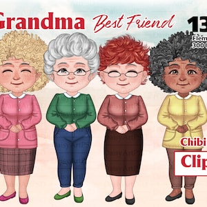 Grandmother Chibi, Best Friends Old Ladies Clipart, Besties clipart, soul sisters clipart, DIY clipart, Women Chibi PNG.