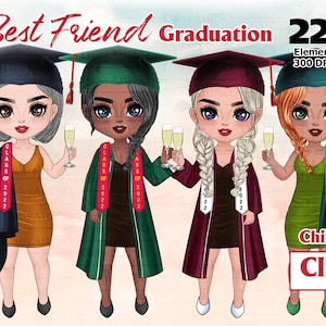 Clipart de formatura Chibi, graduando lindas garotas, chapéu de formatura, clipart escolar, design de sublimação PNG, ideias para presentes, PNG personalizável
