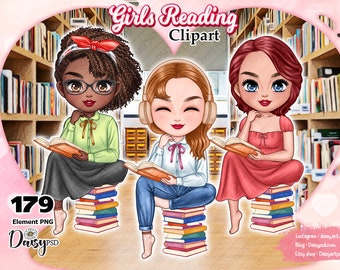 May include: Three cartoon girls sitting on stacks of books, reading. The girl on the left is wearing a green shirt and a black skirt. The girl in the middle is wearing a white shirt and blue jeans. The girl on the right is wearing a red dress. All three girls have brown hair and are smiling.