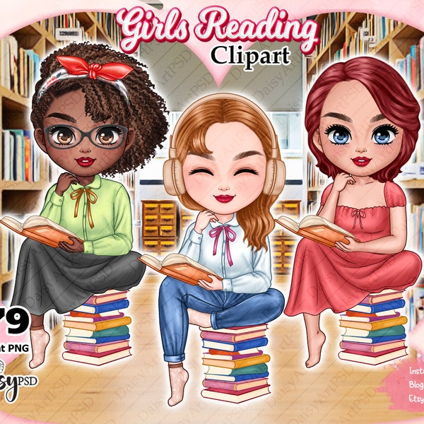 Filles lisant Chibi Clipart, Bookworm Best Friends, Bookworm fille noire clipart, Book Lover Clipart, Digital Download.