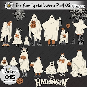 Puede incluir: Clipart digital con figuras de fantasmas disfrazados para Halloween, sosteniendo calabazas, un balón de fútbol y una linterna. El texto "The family Halloween Part 02 Clipart" y "Happy Halloween" son visibles. También hay un logotipo de DaisyPSD.