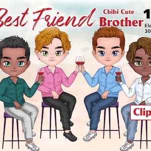 Best Friends Man es Chibi Clipart, Brüder, Enge männliche Freunde, Jungen sitzend, Fashion Boy Clipart, Close Brothers, Personalisierbare Clipart PNG