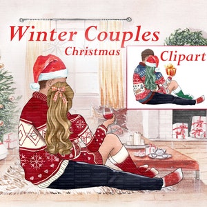 冬のカップルのクリップアート、休日のポートレートメーカーのカスタマイズ可能なクリスマスのクリップアート。クリスマスのファッションガールのクリップアート、ロマンチックな家族のカップル。