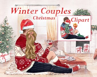 Clipart winterkoppels: aanpasbare kerstportretmaker (digitale png-download)