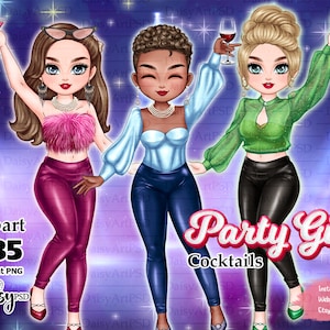 Party Friends Bere Cocktail Clipart, Migliori amiche, Souls Sisters Girls Night Out, Fashion Girls Clipart, Clipart personalizzabile PNG