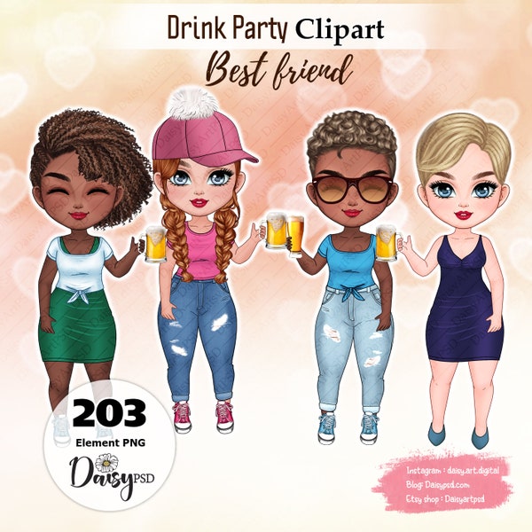 Best Friends Chibi Cute Clipart, Besties Beer Clipart, Girl Clipart, Fashion Girls Clipart, Soul Sisters Clipart, Customizable PNG.