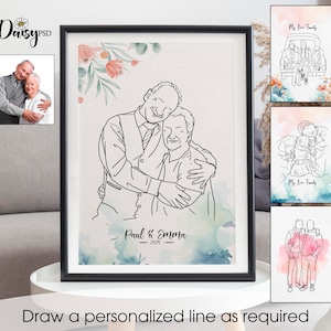 Ritratto digitale personalizzato senza volto per 2, disegno a una linea, disegno di tatuaggio, ritratto di famiglia da foto, regalo personalizzato.