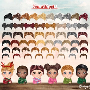 May include: A set of 48 digital illustrations of different hairstyles for children. The hairstyles are in various colors, including black, brown, blonde, and red. The illustrations are in a cartoon style and are perfect for use in digital projects.