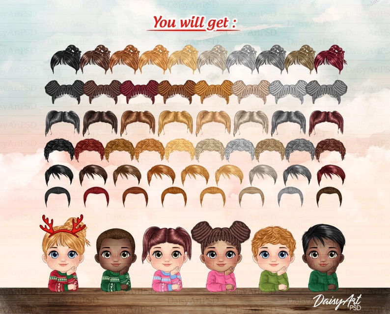 May include: A set of 48 digital illustrations of different hairstyles for children. The hairstyles are in various colors, including black, brown, blonde, and red. The illustrations are in a cartoon style and are perfect for use in digital projects.