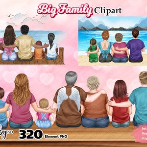 Große Familie sitzend, Vater Clipart, Sublimation Design Png, Eltern Clipart, Geschenkideen, Vatertag, benutzerdefiniertes Familienporträt.
