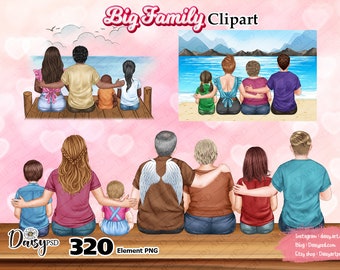 Assis grande famille, Clipart père, Sublimation Design Png, Clipart Parents, idées cadeaux, fête des Pères, Portrait de famille personnalisé.