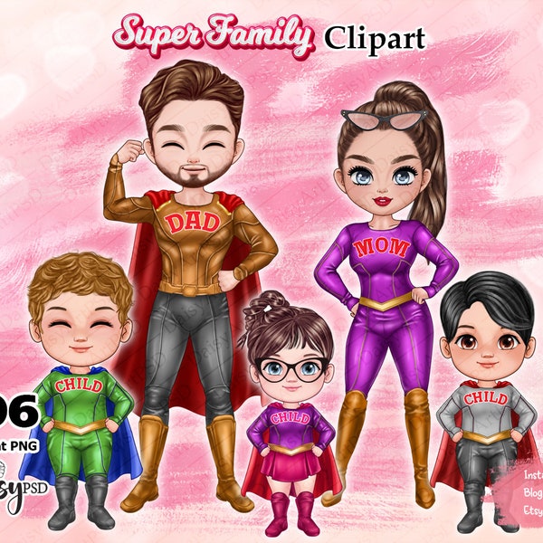 Super Family Clipart, Love Family, Family Cute Clipart, Hero Chibi Clipart, Family Superhero, Personalized Clipart