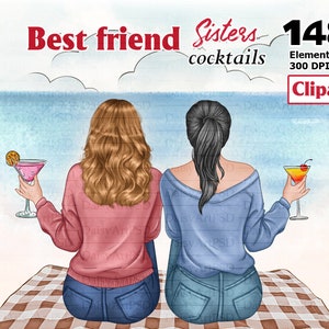 Clipart de melhores amigas, clipart de besties, presentes de irmãs faça você mesmo, coquetéis, café, garotas da moda, clipart de irmãs de alma, PNG personalizável