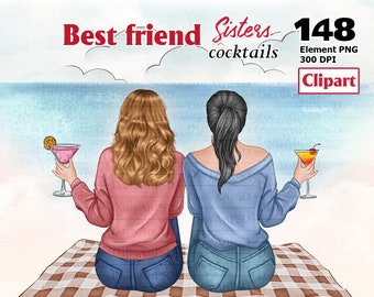 May include: Two women friends wearing blue jeans and sweaters sit on a checkered blanket by the beach, holding cocktails. The text "Best friend Sisters cocktails" is written above them.