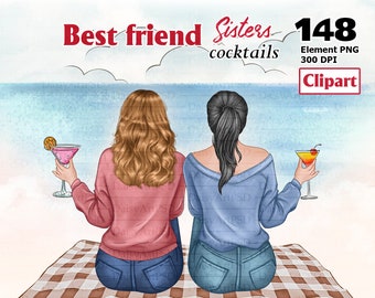 Best Friends Clipart, Besties Clipart, Sisters Gifts DIY, Cocktails, Café, Fashion Girls, Soul Sisters Clipart, PNG personnalisable