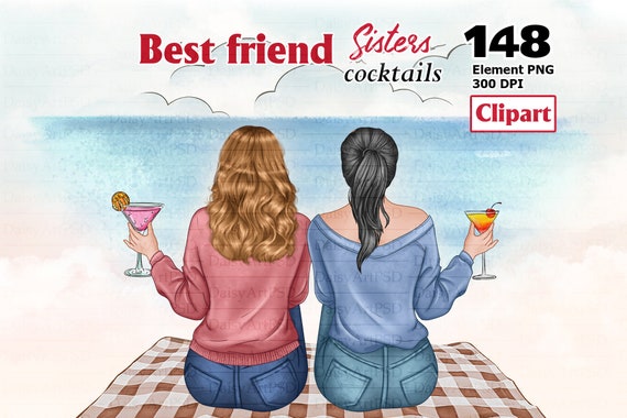 Best Friends Clipart, Besties Clipart, Sisters Gifts DIY, Cocktails, Coffee, Fashion Girls, Soul Sisters Clipart, Customizable  PNG