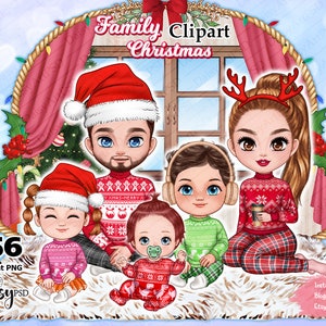 Clipart de Noël en famille, Clipart d'hiver confortable, Clipart de parents et d'enfants, Clipart de graphiques de Noël.