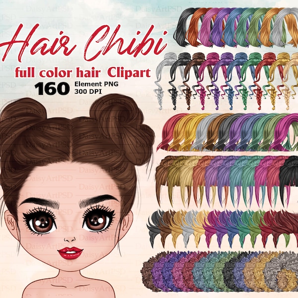 Hairstyles clipart: "HAIR CHIBI" Custom hairstyles Long hair Girls  hair clipart Planner Clipart Sticker clipart Colorful Hair Clipart