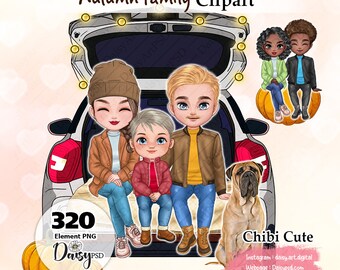 Clipart herfstfamilie Chibi: feestelijke png-afbeeldingen (digitale download)