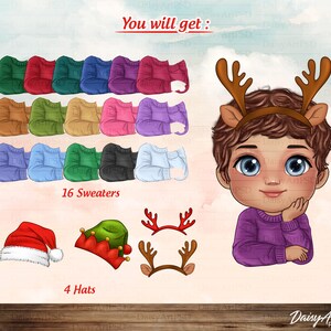 May include: A digital illustration set of 16 colorful sweaters and 4 festive hats, including a red Santa hat, a green elf hat, and two reindeer antlers. The text "You will get:" is at the top of the image. The text "16 Sweaters" is below the sweaters. The text "4 Hats" is below the hats. The text "DaisyArt PSD" is at the bottom of the image.