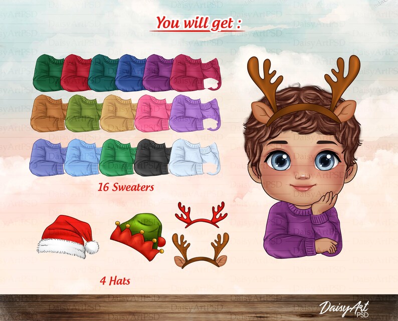 May include: A digital illustration set of 16 colorful sweaters and 4 festive hats, including a red Santa hat, a green elf hat, and two reindeer antlers. The text "You will get:" is at the top of the image. The text "16 Sweaters" is below the sweaters. The text "4 Hats" is below the hats. The text "DaisyArt PSD" is at the bottom of the image.