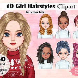 Colorful Girl Hairstyle Clipart: Custom Women&#39;s Hair PNG (Digital Download)