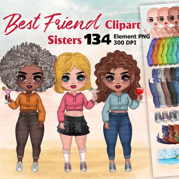 Best friends chibi cute clipart, Besties clipart, cocktails, fashion girls clipart,soul sisters clipart, customizable clipart PNG