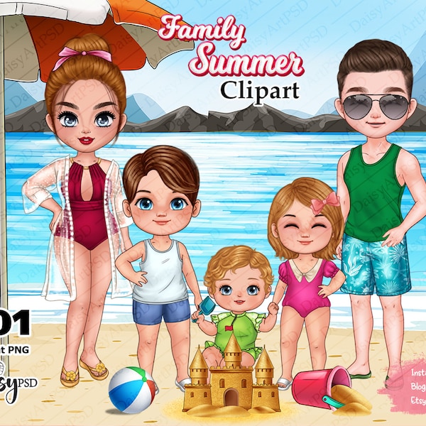 Summer Family Clipart, Beach Family Clipart, Brother Sister Clipart, Couple Clipart, Bikinis Clipart, Summer Kids, Instant Download