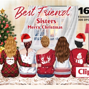 Kerstmis Beste vrienden clipart, "Besties clipart", modemeisjes clipart, soul sisters clipart, Bestie Print Kerstmis, Familie Kerst.