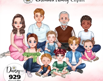 Family Portrait Clipart: Custom Grandparents, Parents, Teen (PNG Digital Download)