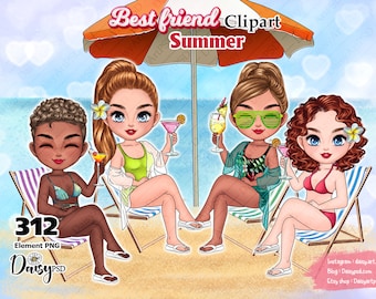 Friends Summer Clipart, Chibi Girls, Cocktails PNG (Digital Download)