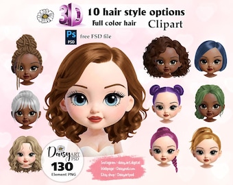 3D Hairstyle Clipart: Colorful Women's Hair PNG (Digital Download)
