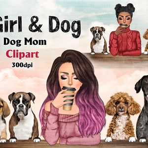 Beste vrienden Meisje en Hond - Hond Moeder Clipart, Hond Lover Mode Illustratie, Meisje Koffie, Hond Moeder Aanpasbaar, Hond Lover Pet Clipart.