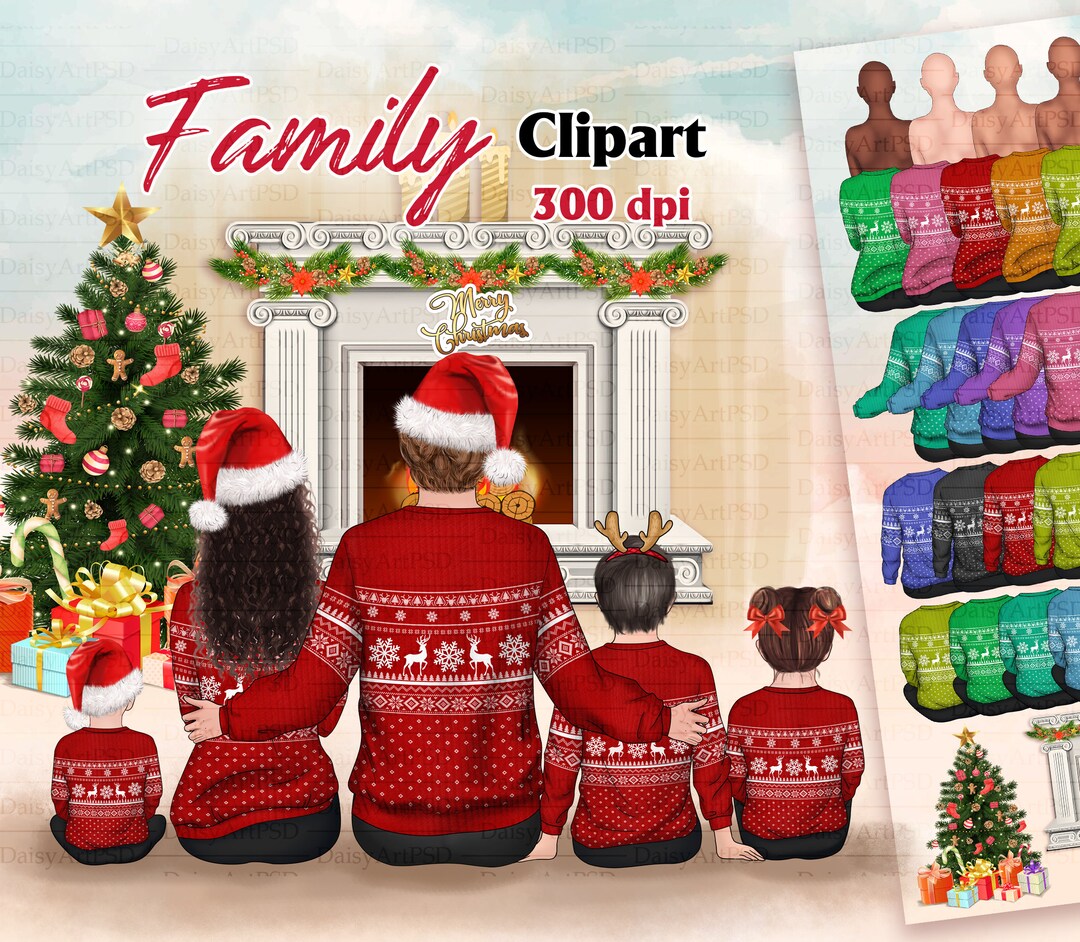 Christmas Family Clipart, Sitting Family, Winter Family, Parents and