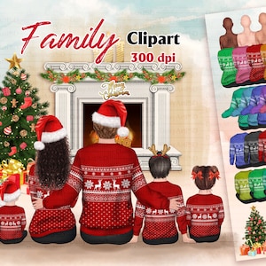 May include: Digital illustration of a family wearing matching red Christmas jumpers and Santa hats, gathered in front of a fireplace and Christmas tree. The word "Family" is written in red script. A selection of jumper colours is shown.