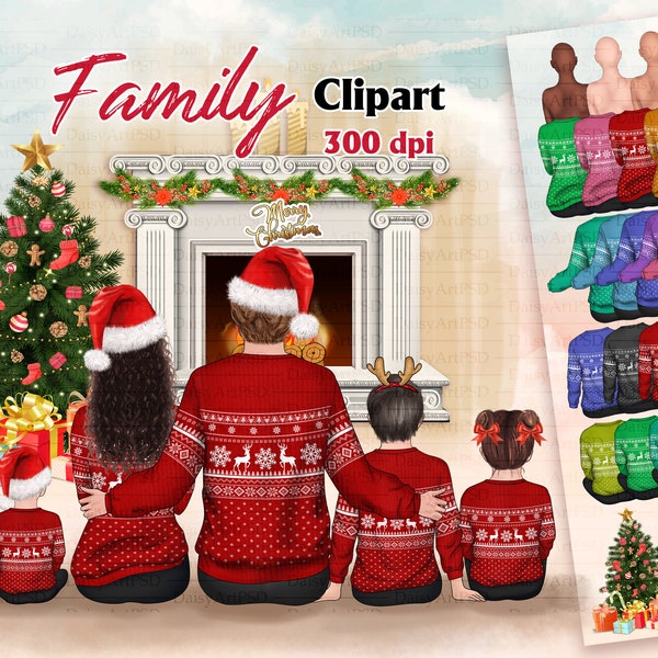 Christmas Family clipart, Sitting Family, Winter family, Parents and Kids clipart. Big Family. Family Christmas Santa hat Parents and Kids.