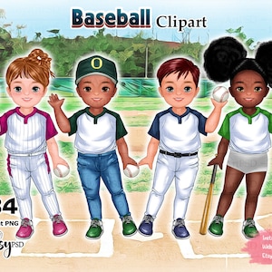 Kinder Baseball Spieler Clipart, kleines Mädchen und Junge spielen Baseball, Freund spielen Baseball, Sport, Fledermaus, Handschuhe, Sublimation PNG