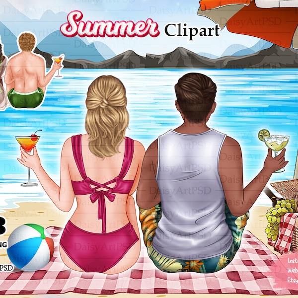 Couple d'été buvant des cocktails, meilleur ami à la plage Clipart, filles d'été png, hommes d'été, plage tropicale.