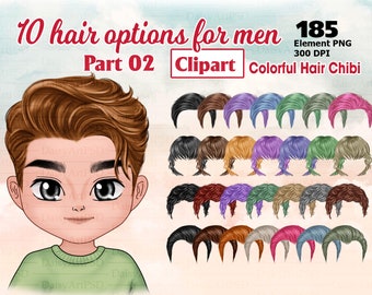 May include: A set of 185 colorful hair options for a chibi character. The hair is in various styles and colors, including black, brown, red, green, blue, purple, and pink.
