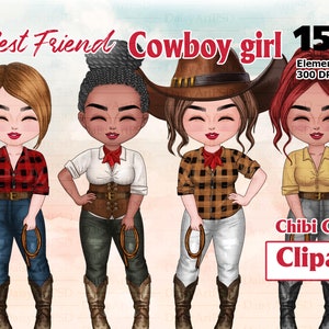 Beste Freunde Cowboy Mädchen Chibi, Country Girls, Cowgirl, Cowboy und Cowgirl Clipart Chibi Cute, Custom Geschenk PNG, Individualisierbare Clipart
