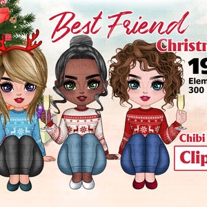 Navidad Best Friends Sitting Chibi Cute Clipart 02, Besties clipart, Xmas Girl, Soul Sisters Clipart, PERSONALIZABLE PNG.