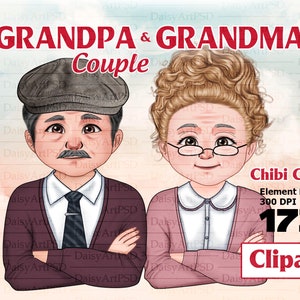 Abuelo y abuela Chibi Clipart, pareja de ancianos con los brazos cruzados, anciano y abuela clipart. Antigua familia. Retrato personalizado.