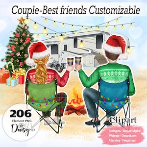 Pareja acampando para imágenes prediseñadas navideñas, mejores amigos viajan juntos, imágenes prediseñadas gráficas de moda navideña, regalos personalizables.