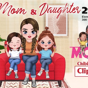 Madre e hija Chibi Clipart, Madre e hijas pequeñas, Clipart del Día de la Madre, Clipart madre e hija, Mejor hija.