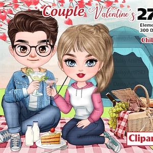 Paar Picknick Chibi Cute, Valentijnsdag Clipart, Romantisch paar, Liefdeskoppel, Beste vriend PNG, Cadeau-ideeën, Valentijnskaart Maker.