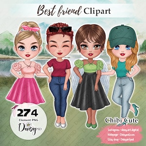 Best Friends Chibi Cute Clipart, Soul Sisters, Funny Sisters, Fashion Girls, Sisters Clipart, Sisters Fashion, Portrait personnalisé PNG